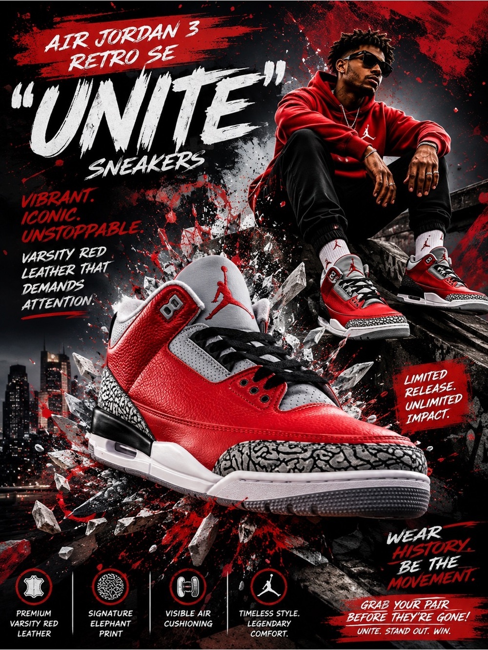 🔥Nike Air Jordan 3 Retro SE "Unite" sneakers feature vibrant Varsity Red leather